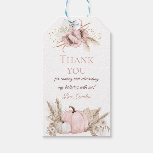 Etiqueta Para Presente Boho Rosa Abóbora Xadrez 1º Aniversário  (Frente)