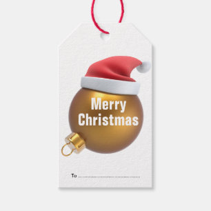 Etiqueta Para Presente Bola de Natal Dourada com Chapéu Vermelho de Papai