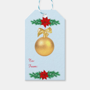 Etiqueta Para Presente Bola dourada de Natal, pinheiro & poinsettia