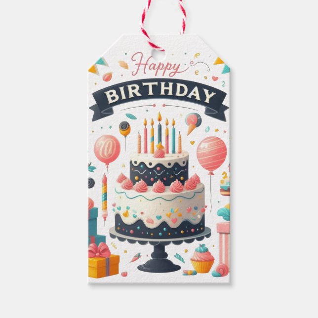 Etiqueta Para Presente Bolo De Aniversário Alegre e Balões (Frente)