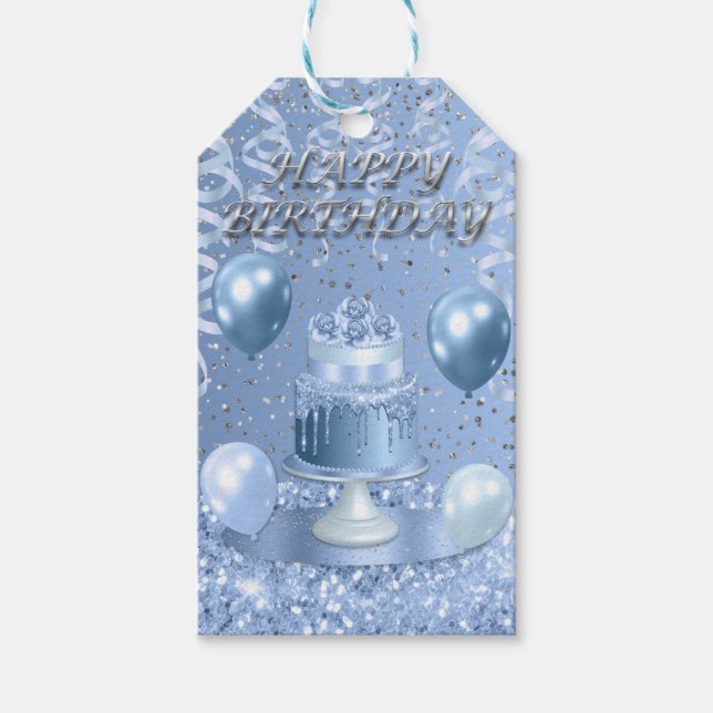 Etiqueta Para Presente Bolo de Aniversário Azul Espumante (Frente)