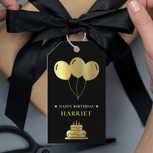 Etiqueta Para Presente Bolo de Aniversário do Balão Negro e Dourado
