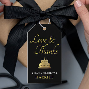 Etiqueta Para Presente Bolo de Aniversário Preto e Dourado Obrigado