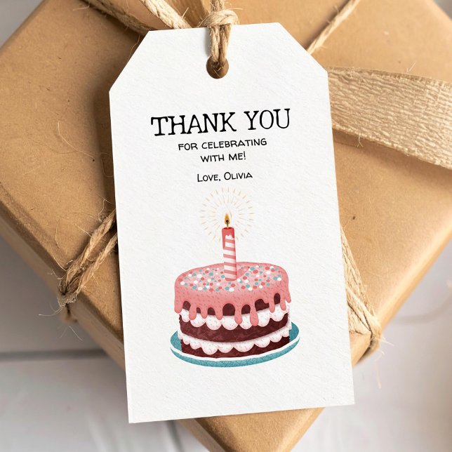 Etiqueta Para Presente Bolo de aniversário rosa com vela acesa (Criador carregado)