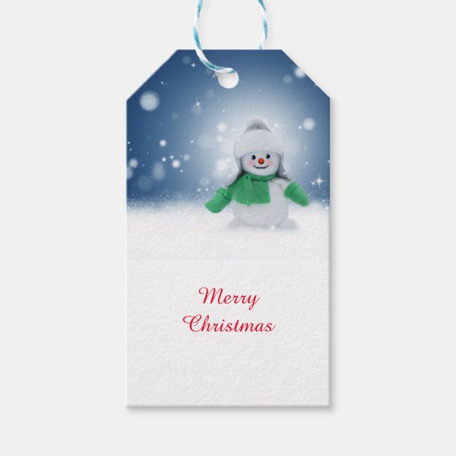 Etiqueta Para Presente Boneco de neve com um cachecol verde  (Frente)
