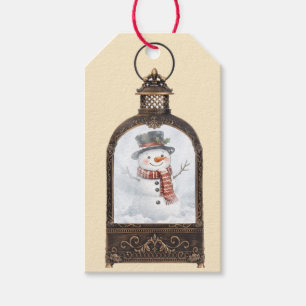 Etiqueta Para Presente Boneco de Neve em uma Lanterna Vintage