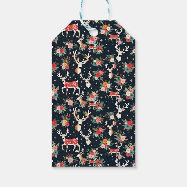Etiqueta Para Presente Bonita Reindeer Floral de Natal (Frente)
