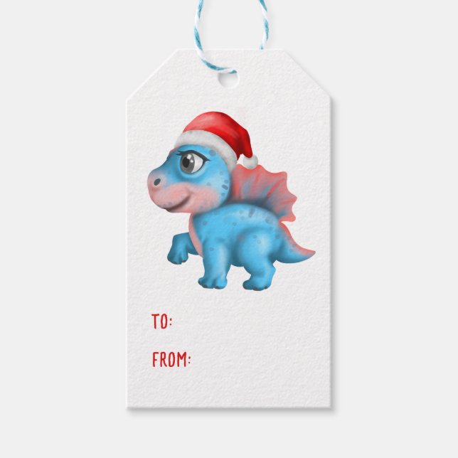 Etiqueta Para Presente Bonito Dinossauro Santa Hat Crianças Azul Natal (Frente)
