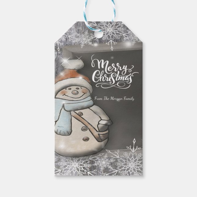 Etiqueta Para Presente Bonito Snowman, Feliz Natal, Flocos de Neve (Frente)