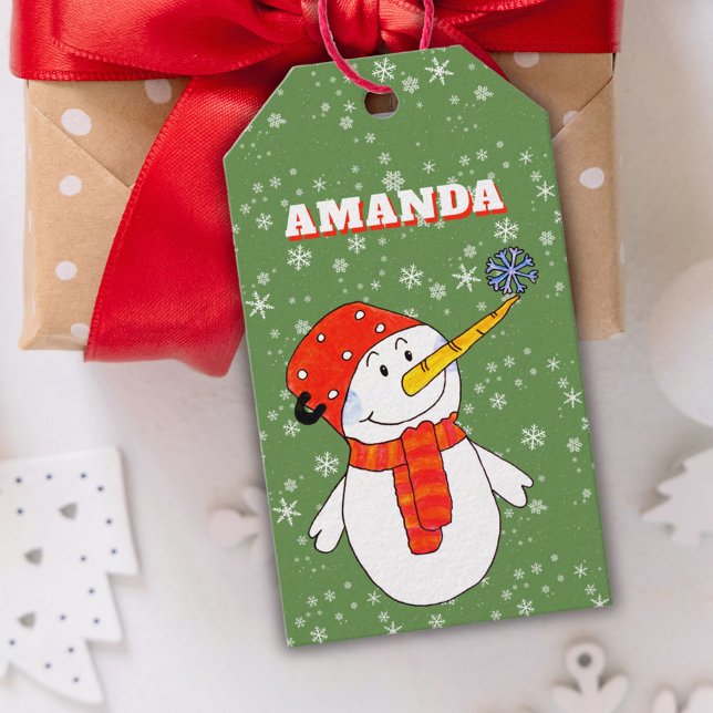 Etiqueta Para Presente Bonito Snowman Snowflakes Nome do Criança Natal (Criador carregado)