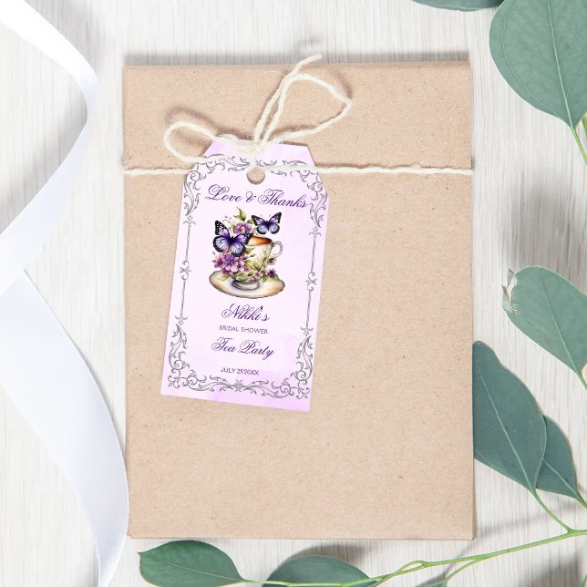 Etiqueta Para Presente Borboletas roxas Chá-brida vitoriana (Purple butterflies Victorian bridal tea party bridal shower thank you favor Gift Tags)