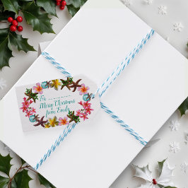 Etiqueta Para Presente Borda de Natal com Flores de Plumeria e Estrelas-d
