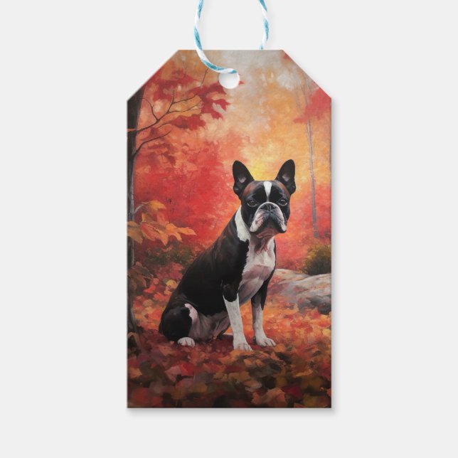 Etiqueta Para Presente Boston Terrier no outono deixa cair inspiração (Frente)