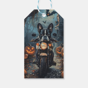 Etiqueta Para Presente Boston Terrier Pilotando Moto Halloween Assustador