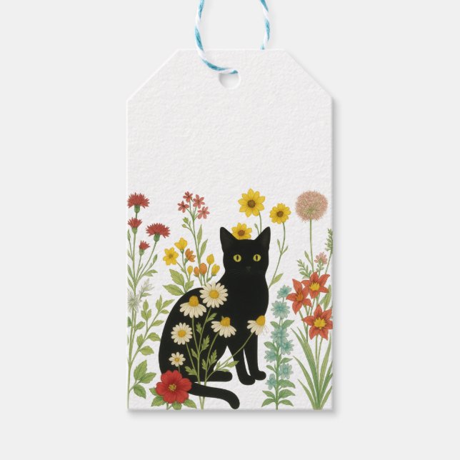 Etiqueta Para Presente Botanical Nature – Black Cat in Wildflower Garden (Frente)
