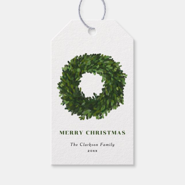 Etiqueta Para Presente Boxwood Wreath Pintado à Mão Feliz Natal (Frente)