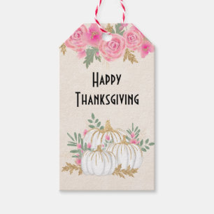 Etiqueta Para Presente Branca e Dourada Pumpkins Watercolor Ação de Graça