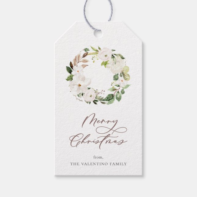 Etiqueta Para Presente Branca Floral Greenery Wreath Natal Dicas (Frente)