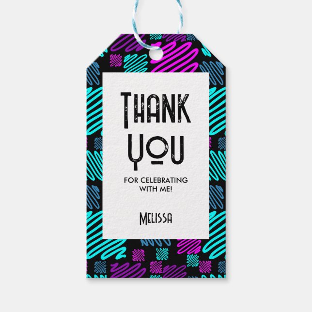 Etiqueta Para Presente Bright Neon Geométrico Patterno Black Obrigado (Frente)
