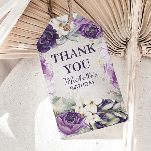 Etiqueta Para Presente Brilho Floral Branco Roxo de Aniversário de Agrade