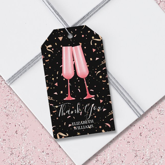 Etiqueta Para Presente Brunbble Obrigado Chá de panela Preto (Brunch and bubbly pink champagne glasses bridal shower black thank you gift tags)