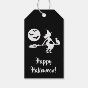 Etiqueta Para Presente Bruxa Em Uma Vassoura Preto E Branco Feliz Hallowe