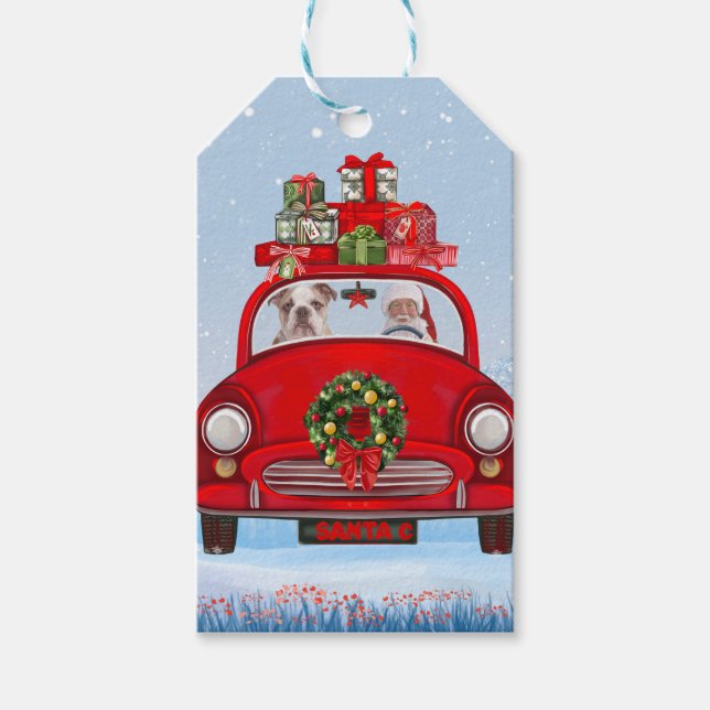 Etiqueta Para Presente Buldogue Inglês No Carro Com Papai Noel (Frente)