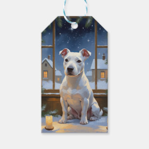 Etiqueta Para Presente Bull Terrier com Luzes de Natal Feriado