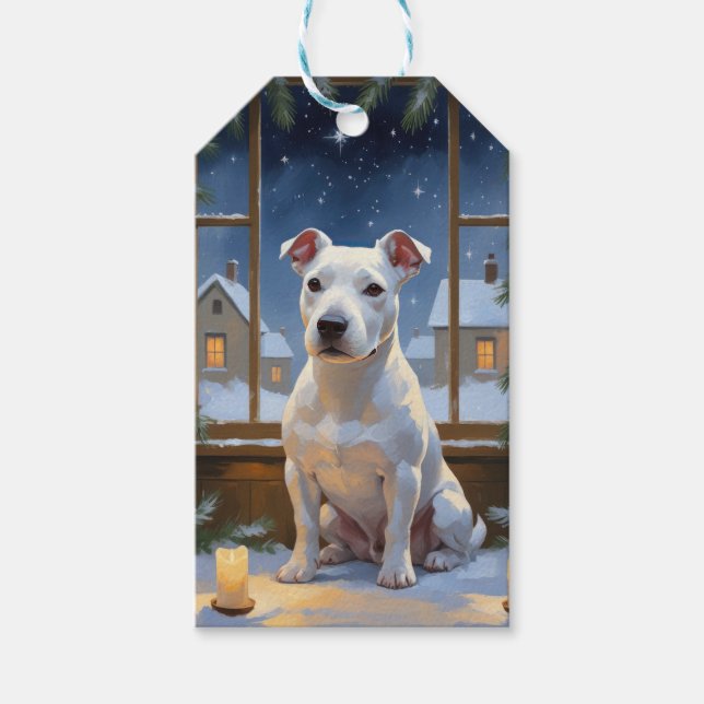 Etiqueta Para Presente Bull Terrier com Luzes de Natal Feriado (Frente)