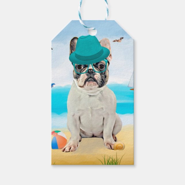 Etiqueta Para Presente Bulldog francês na praia (Frente)