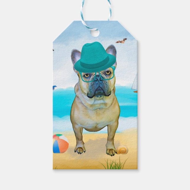 Etiqueta Para Presente Bulldog Francês na Praia (Frente)