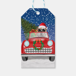 Etiqueta Para Presente Bulldog Inglês Dirigindo Carro na Neve Natal