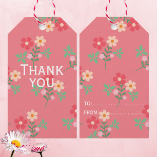 Etiqueta Para Presente Buquê de Margaridas Rosa Doce Padrão Retro Obrigad