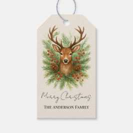 Etiqueta Para Presente Cabeça de Veado da Floresta Rústica com Folhagem d
