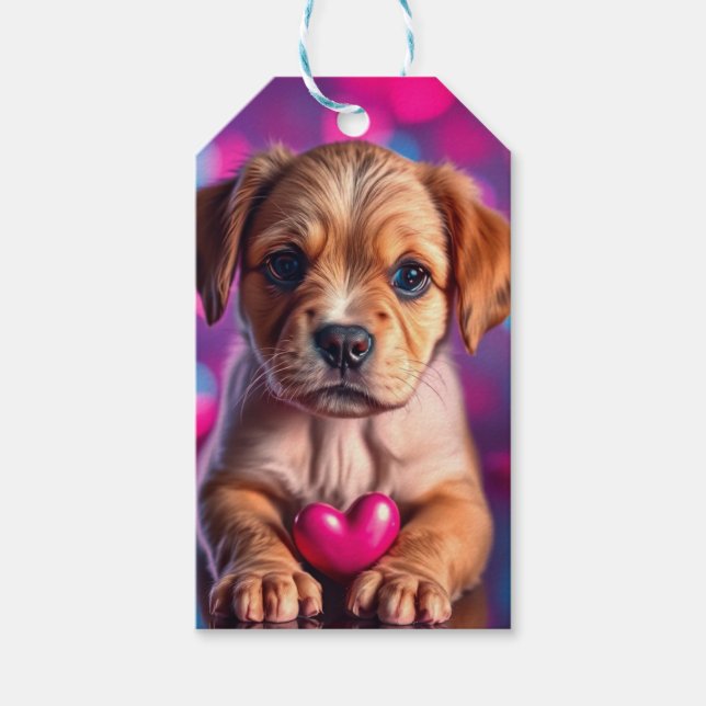 Etiqueta Para Presente Cachorrinho Corações Rosa (Frente)