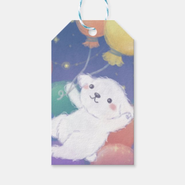 Etiqueta Para Presente Cachorrinho Fofo com Balões & Estrelas (Frente)