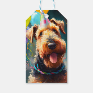 Etiqueta Para Presente Cachorro Airedale com chapéu de aniversário e balõ