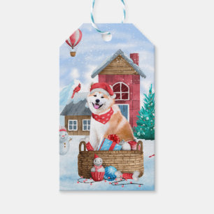 Etiqueta Para Presente Cachorro Akita na Casa de Natal na Neve