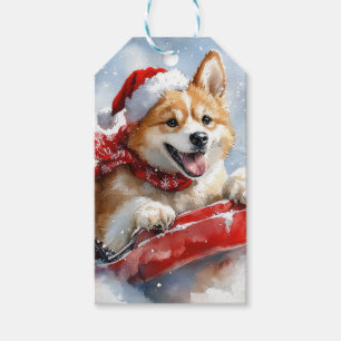 Etiqueta Para Presente Cachorro Akita no Trenó Deixe Nevar Natal