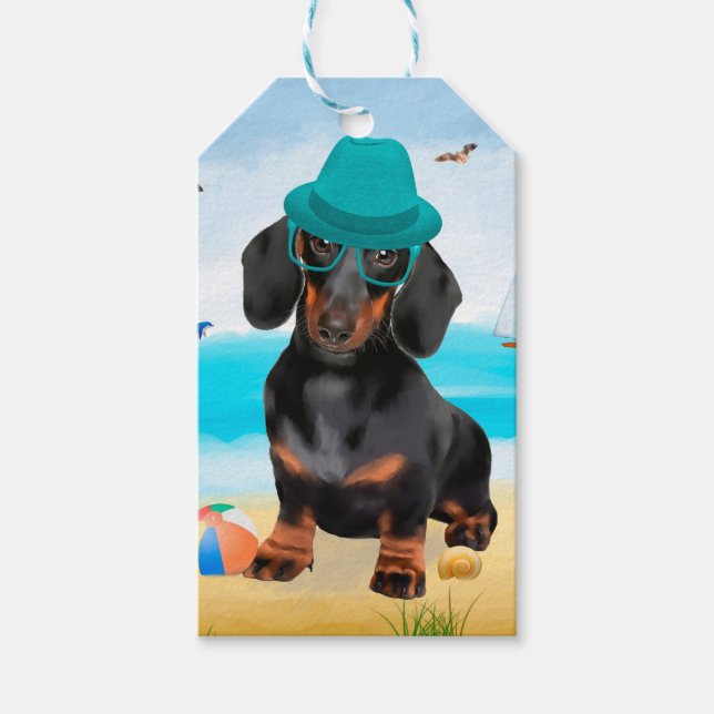 Etiqueta Para Presente Cachorro Dachshund na Praia (Frente)