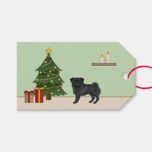Etiqueta Para Presente Cachorro de desenho animado fofo pug preto com uma