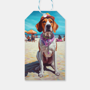 Etiqueta Para Presente Cachorro Foxhound Inglês Americano na Praia, prese