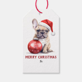 Etiqueta Para Presente Cachorro francês de Natal com chapéu de Papai Noel