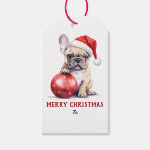 Etiqueta Para Presente Cachorro francês de Natal com chapéu de Papai Noel
