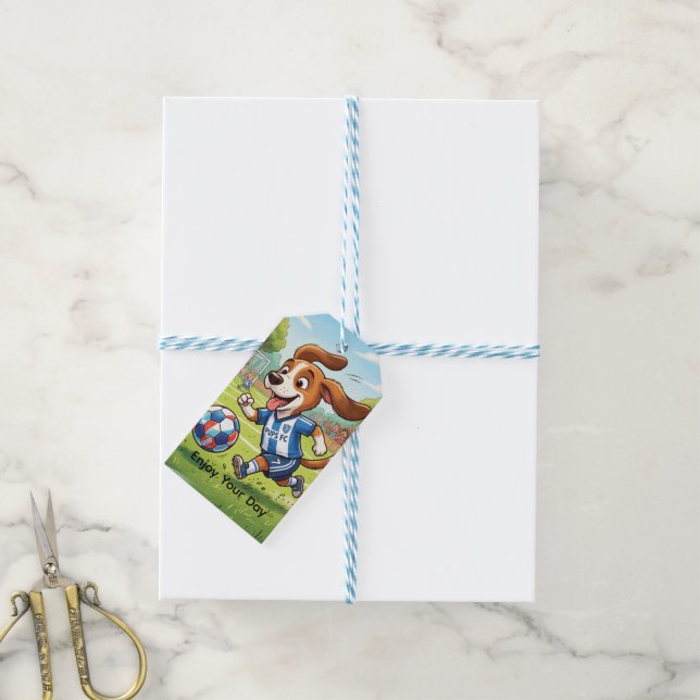 Etiqueta Para Presente Cachorro Jogando Futebol | Personalizar (Com cordão)