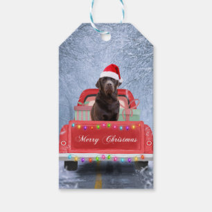 Etiqueta Para Presente Cachorro Labrador de Chocolate no Carro de Natal d