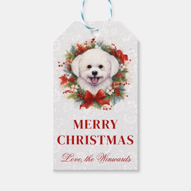 Etiqueta Para Presente Cachorro Maltês Aquarela e Wreath Natal (Frente)