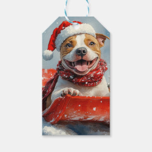 Etiqueta Para Presente Cachorro Pitbull no Trenó Deixe Nevar Natal