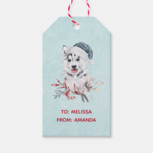 Etiqueta Para Presente Cachorro Rouco de Natal num Chapéu Santa