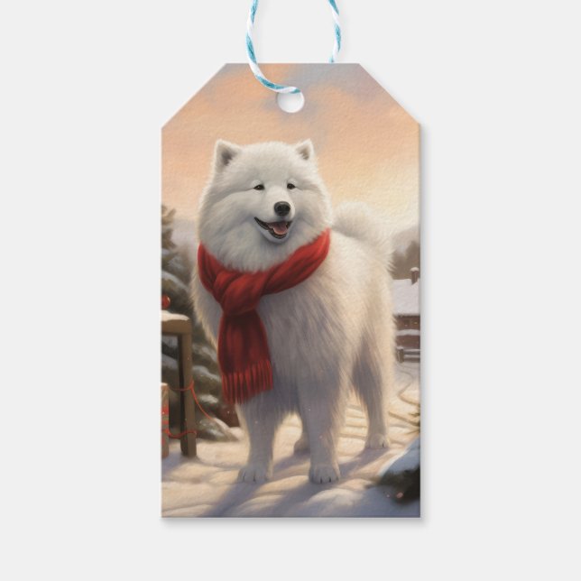 Etiqueta Para Presente Cachorro Samoyed no Natal da Neve (Frente)